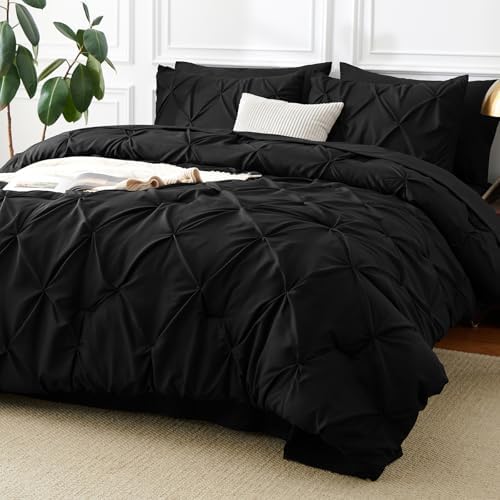 CozyLux Full Size Comforter Sets Black, 7 Pieces Pintuck Bed in a Bag