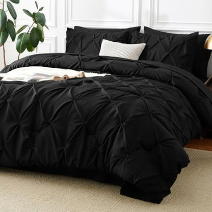 CozyLux Full Size Comforter Sets Black, 7 Pieces Pintuck Bed in a Bag