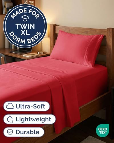 Extra Deep Twin XL Sheet Set - 3 Piece College Dorm Room - Red