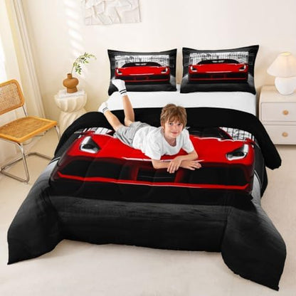 Feelyou Boys Red Race Car Comforter Set Toddler Size Red Luxury Car Bedding Set for Kids Boys Girls Extreme Sports Duvet Quilt Fast and Furious Bedroom Decor 2 Pcs with 1 Pillow Cases