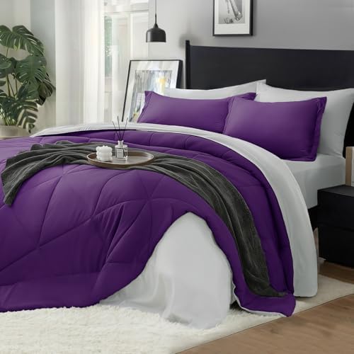 BEDELITE Queen Comforter Set 7 Pieces, Reversible Purple Bed in A Bag