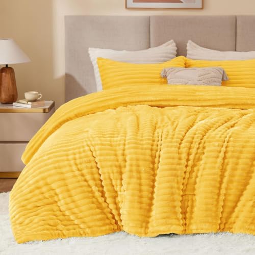 BEDELITE Fleece Full Comforter Set, Fluffy Bed Set, Bright Yellow