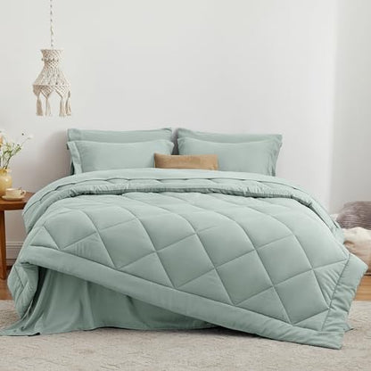 Love's cabin Queen Comforter Set Aqua, 7 Pieces Queen Bed in a Bag, All Season Bedding Sets with 1 Comforter, 1 Flat Sheet, 1 Fitted Sheet, 2 Pillowcase and 2 Pillow Sham