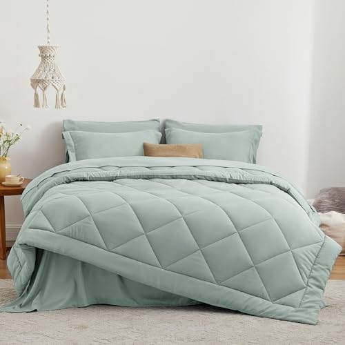 Love's cabin Full Comforter Set Aqua, 7 Pieces Full Bed in a Bag, All Season Bedding Sets with 1 Comforter, 1 Flat Sheet, 1 Fitted Sheet, 2 Pillowcase and 2 Pillow Sham