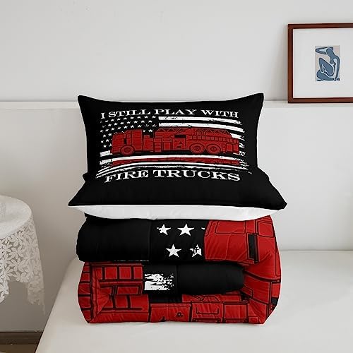 Fire Fighting Truck Comforter for Boys Kids,American Flag Comforter Set Queen Size Home Decor,Soft Firefighter Bedding Set,Red Black White Teens Bedroom Down Duvet,1 Comforter with 2 Pillowcases