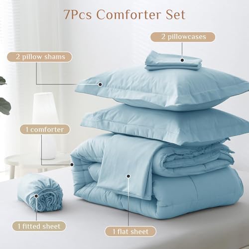 JOLLYVOGUE California King Comforter Set, Ultra-Soft Bed in a Bag Cal King Size 7 Pieces, Oeko-TEX Certified Bedding Set with Down Alternative Comforter, Sheets, Pillowcases & Shams, Lake Blue