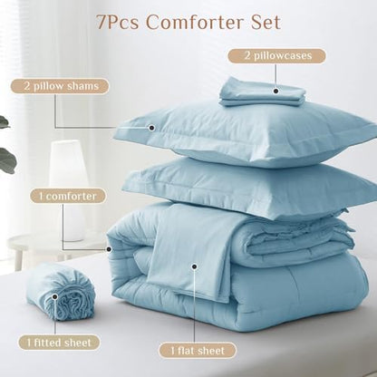 JOLLYVOGUE California King Comforter Set, Ultra-Soft Bed in a Bag Cal King Size 7 Pieces, Oeko-TEX Certified Bedding Set with Down Alternative Comforter, Sheets, Pillowcases & Shams, Lake Blue
