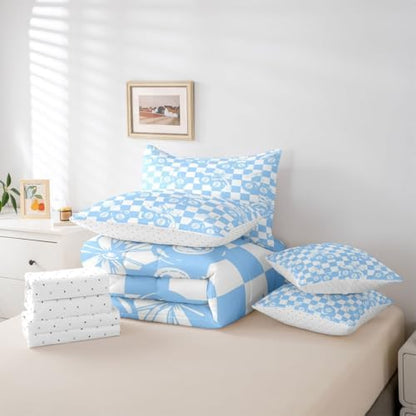 Erosebridal Y2K Trendy Lucky 8 Ball 7 Piece Comforter Set King Blue Cherry Bow Bedding Set for Kids Boys Girls Preppy Room Decor,Girly Fashion Y2K Bed in A Bag Geometric Checkerboard Plaid Bed Set
