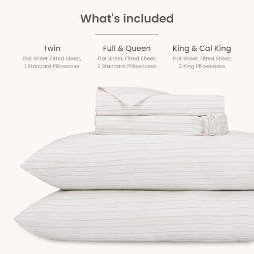 BIOWEAVES 100% Organic Cotton Sheets, 300 Thread Count 4-Piece GOTS Certified Bed Sheet Set Fits Mattress Upto 17" Deep Pocket, Soft & Silky Sateen Weave - Twin, Natural/Biscotti Stripes