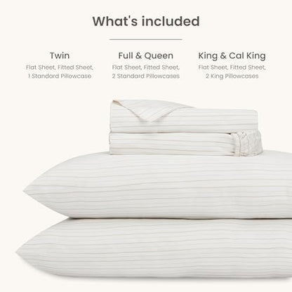 BIOWEAVES 100% Organic Cotton Sheets, 300 Thread Count 4-Piece GOTS Certified Bed Sheet Set Fits Mattress Upto 17" Deep Pocket, Soft & Silky Sateen Weave - Twin, Natural/Biscotti Stripes