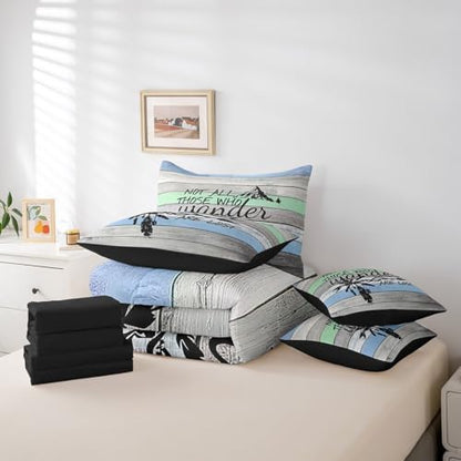 Erosebridal Happy Camping 7 Piece Bedding Set Queen,Camper Theme Comforter Set Bed in a Bag,Farmhouse Old Barn Door Sheet Set,Rustic Navy Blue Green Bedding,Arrow Camper Adventure Quilt