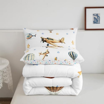 Erosebridal Cute Propeller Plane Queen Bedding Set, Cartoon Airplane Aircraft Comforter Set for Kids Boys Teens Child Girls Adults Bedroom, Hot Air Balloon Comforter, Star Print Quilt