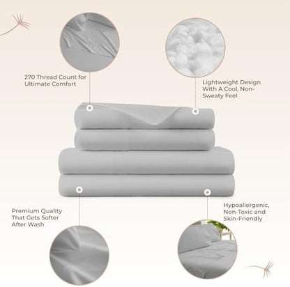 100% Organic Cotton Sheets Cal King - GOTS Certified Cotton Percale Sheets with Crisp Cool & Breathable Percale Weave Perfect for Hot Sleepers - Durable Luxury 4 Piece Set (Silver, Queen)