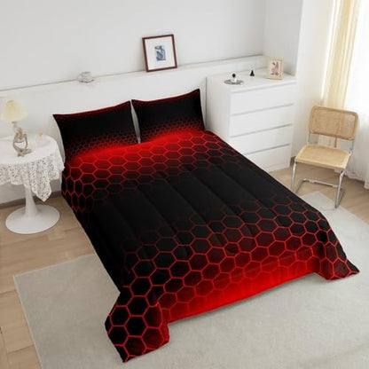 Feelyou Red Black Ombre Comforter Set Twin, Honeycomb Bedding Set for Kids Abstract Hexagonal Comforter Ombre Duvet with 1 Pillow Case