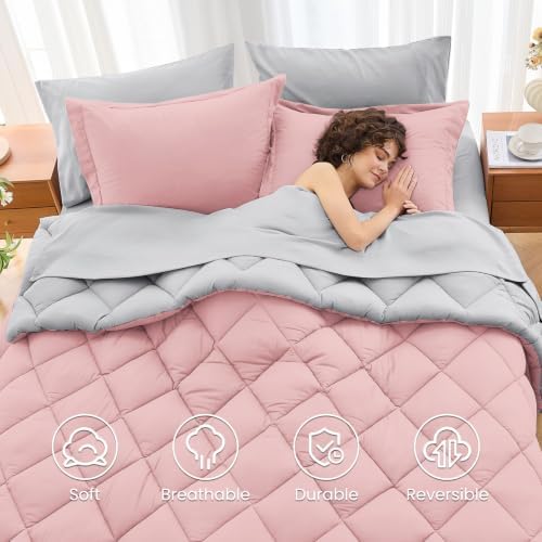MUXHOMO 5 Pieces Twin Comforter Set, Reversible Bed in a Bag Twin Size, All Season Bedding Set with Comforter, Flat Sheet, Fitted Sheet, Pillowcases & Shams, Pink & Light Grey