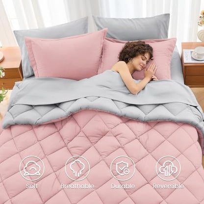 MUXHOMO 5 Pieces Twin Comforter Set, Reversible Bed in a Bag Twin Size, All Season Bedding Set with Comforter, Flat Sheet, Fitted Sheet, Pillowcases & Shams, Pink & Light Grey
