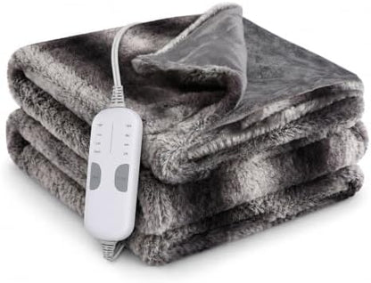 Eydna Electric Heated Blanket Throw Size 50"x60", Fast Heating Throw, Plush Faux Fur for Sofa & Office,4 Heating Levels & 4 Hours Auto Off, Machine Washable, Gifts for Womens-Gray White
