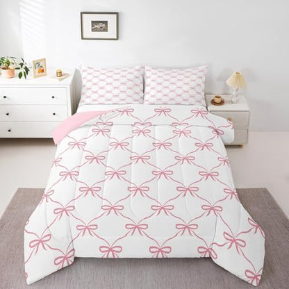 Manfei Pink Bow Comforter Set King Size, Cute Bowknot Geometric Lattice Patchwork Bedding Set 3pcs, Princess Kawaii Bow Tie Down Comforter for All Season, Kids Girls Room Decor, 2 Pillowcases