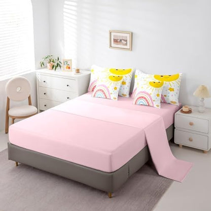 Erosebridal Rainbow Girlsbed in A Bag with Sheets Cute Sun Bedding Set for Kids Teen Colorful Kawaii Rainbow King Comforter Set 7 Piece Cartoon Stars Love Heart Bed Set Bedroom Decor