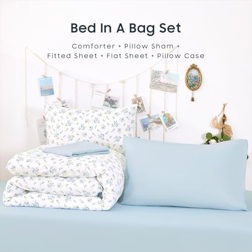 Wake In Cloud - Floral Comforter Set with Sheets, Coquette Cottagecore Aesthetic Flower Shabby Chic Pattern for Women Teen Girls, 5 Pieces Bed in a Bag, White Blue, Twin Size
