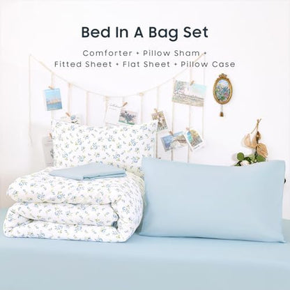 Wake In Cloud - Floral Comforter Set with Sheets, Coquette Cottagecore Aesthetic Flower Shabby Chic Pattern for Women Teen Girls, 5 Pieces Bed in a Bag, White Blue, Twin Size