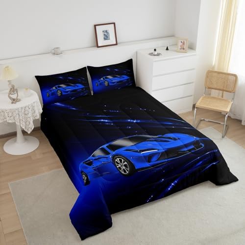 Feelyou Boys Blue Race Car Bedding Set Toddle Size Speed Sports Car Comforter Set for Kids Teens Adult Fast and Furious Duvet Set Blue Ombre Quilt Set 2Pcs