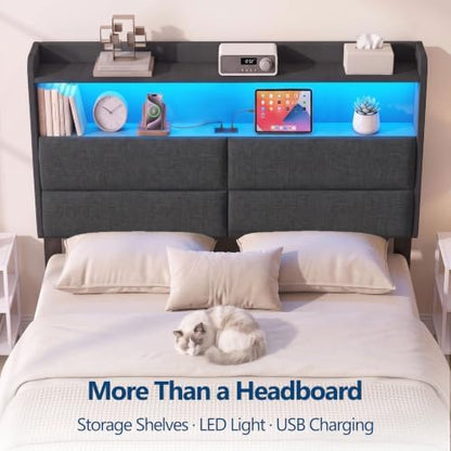 Garvee Twin Size Headboard Only with 2-Tier Storage,Charging Station,Grey
