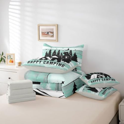 Erosebridal Happy Camping 7 Pieces Bedding Set Full Size,Camping Lover Bed in a Bag,Cabin Funny Bear Bed Set Includes Comforter,Sheet Set,Pillowcases & Pillow Covers,Green Wooden Plank Bedroom Decor