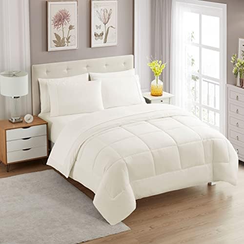 Sweet Home Collection 7 Piece Comforter Set Bag Solid Color All Season Soft Down Alternative Blanket & Luxurious Microfiber Bed Sheets, Ivory, Full