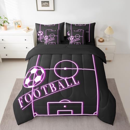 Teens Soccer King Comforter Set 7 Pieces Sports Bedding Comforter Sets for Boys, Black Hot Pink Football Field Bed in a Bag Ball Gaming Bedding Set, Sport Gamer Bed Sheets Set (Black Reversible)