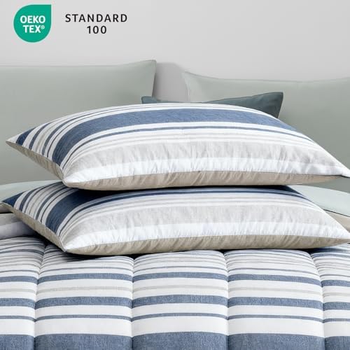 Twin XL Comforter Set Striped Sea Blue 5 Pieces Bed in a Bag for Dorm