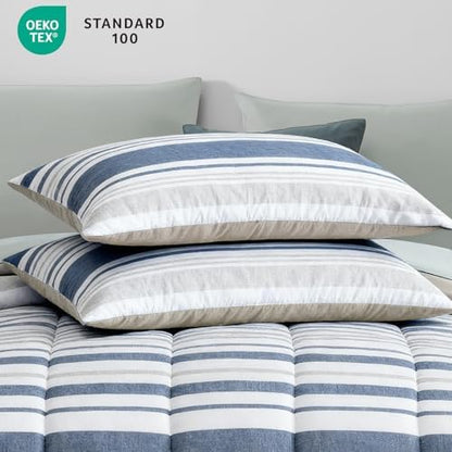 Twin XL Comforter Set Striped Sea Blue 5 Pieces Bed in a Bag for Dorm