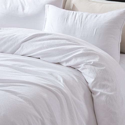 WDCOZY White Queen Size Jacquard Duvet Cover Set with Zipper Closure, Modern Washed Soft Striped Bedding, Textured Seersucker Like Cotton Linen, 1 Duvet Cover and 2 Pillow Shams, No Comforter