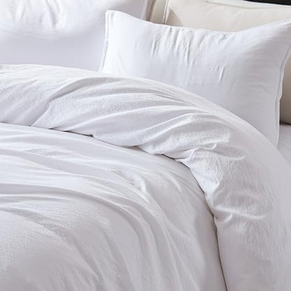 WDCOZY White Queen Size Jacquard Duvet Cover Set with Zipper Closure, Modern Washed Soft Striped Bedding, Textured Seersucker Like Cotton Linen, 1 Duvet Cover and 2 Pillow Shams, No Comforter