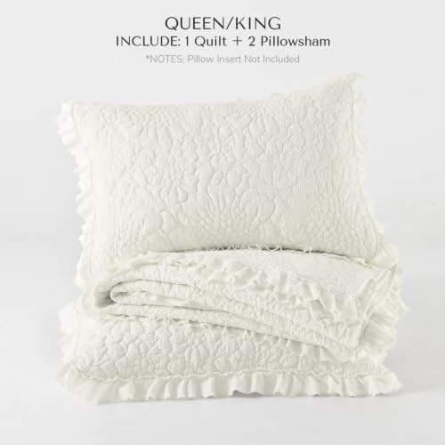 HORIMOTE HOME Cream White Ruffled Quilt Queen Size, Soft Lightweight Crinkled Farmhouse Shabby Chic Bedding Set, 3 Pieces Reversible Bedspread with Pillow Sham for All Season