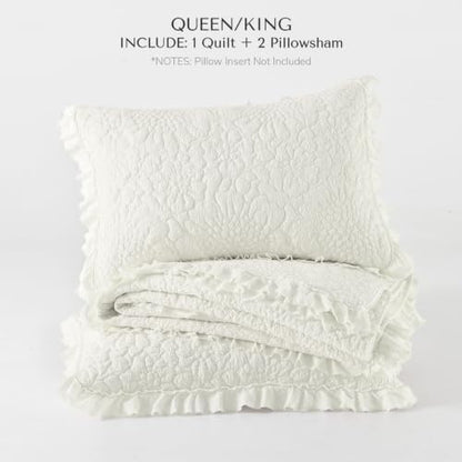 HORIMOTE HOME Cream White Ruffled Quilt Queen Size, Soft Lightweight Crinkled Farmhouse Shabby Chic Bedding Set, 3 Pieces Reversible Bedspread with Pillow Sham for All Season