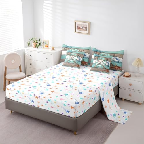Erosebridal Boat Paddle Bedding Set for Kids Teens,Lake House Comforter Set Twin Size,Teal Wooden Plank (Comforter+Fitted+Flat Sheet+2 Pillowcases+2 Throw Pillow Covers) 7 Pieces Bed Set