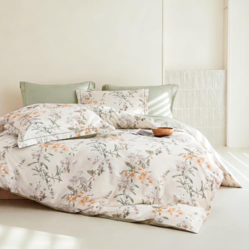King Comforter Set 3 Pieces, 100% Cotton Sage Green Botanical Floral Bedding Set for All‑Season, Soft Hypoallergenic Reversible Comforter with 2 Pillow Shams