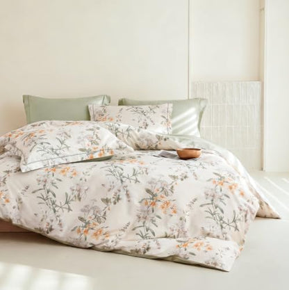 King Comforter Set 3 Pieces, 100% Cotton Sage Green Botanical Floral Bedding Set for All‑Season, Soft Hypoallergenic Reversible Comforter with 2 Pillow Shams