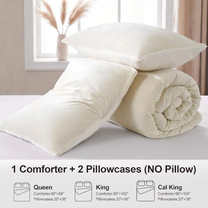 Fluffy Sherpa California King Comforter Set, Thick Bedding Set 3PC, Cream