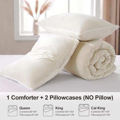 Fluffy Sherpa Queen Comforter Set, Thick Bedding Set 3 Pieces, Cream