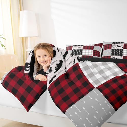 Buffalo Plaid Bedding Set For Boys Girls, Woodland Moose Duvet Sets Vintage Deer Bear Comforter Set Queen, Buffalo Plaid Farm Animal Quilted Duvet Rustic Patchwork Down Comforter, Red Black Grey