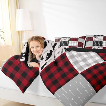 Buffalo Plaid Bedding Set For Boys Girls, Woodland Moose Duvet Sets Vintage Deer Bear Comforter Set Queen, Buffalo Plaid Farm Animal Quilted Duvet Rustic Patchwork Down Comforter, Red Black Grey