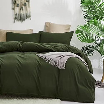Wellboo Dark Green Comforter Sets Queen Size Solid Army Green Boho Bedding