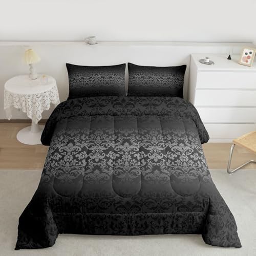 jejeloiu Gothic Damask Bedding Set Soft for Boys Girls, Vintage Jacquard Comforter Set Twin Size Black Exotic Floral Duvet Quilt Microfiber Antique Classic Bedroom Decor 2 Pcs with 1 Pillow Cases