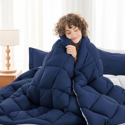 MUXHOMO 5 Pieces Twin Comforter Set, Reversible Bed in a Bag Twin Size, All Season Bedding Set with Comforter, Flat Sheet, Fitted Sheet, Pillowcases & Shams, Navy & Light Grey