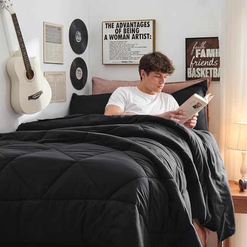 HEVUMYI 5-Piece Twin Comforter Set, Black Bed in a Bag
