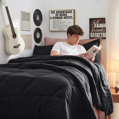 HEVUMYI 5-Piece Twin Comforter Set, Black Bed in a Bag