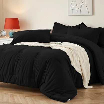 Oversized King Comforter Set 7 Pieces - Ultra-Soft Bed in a Bag, Cozy Luxury All Season Bedding Sets with Comforter, Flat Sheet, Fitted Sheet, 2 Pillow Shams & 2 Pillowcases, Black