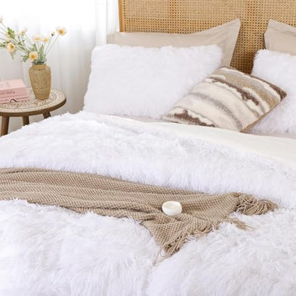 Smoofy Fluffy Queen Comforter Set, White Faux Fur Comforter Set 3 Pieces